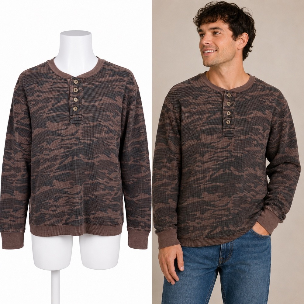 Old Navy Henley Shirt Mens Large Brown Camo Waffle Knit Thermal Long Sleeve Y2K